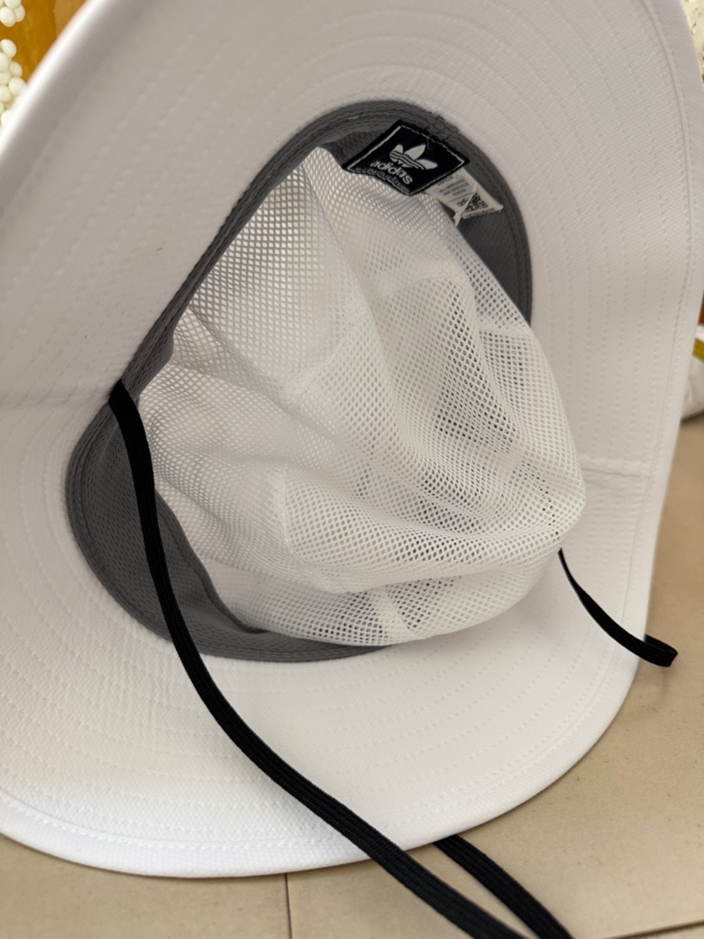 adidas White Bucket Hat with Black Trefoil and Chin Cord - Picture 4 of 5